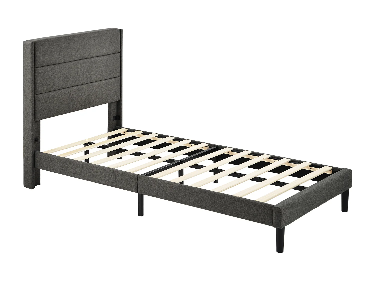 Bett 90 x 200 cm – dunkelgraues Leinen – Einzelbett mit Lattenrost und Kopfteil – Matratze nicht inklusive