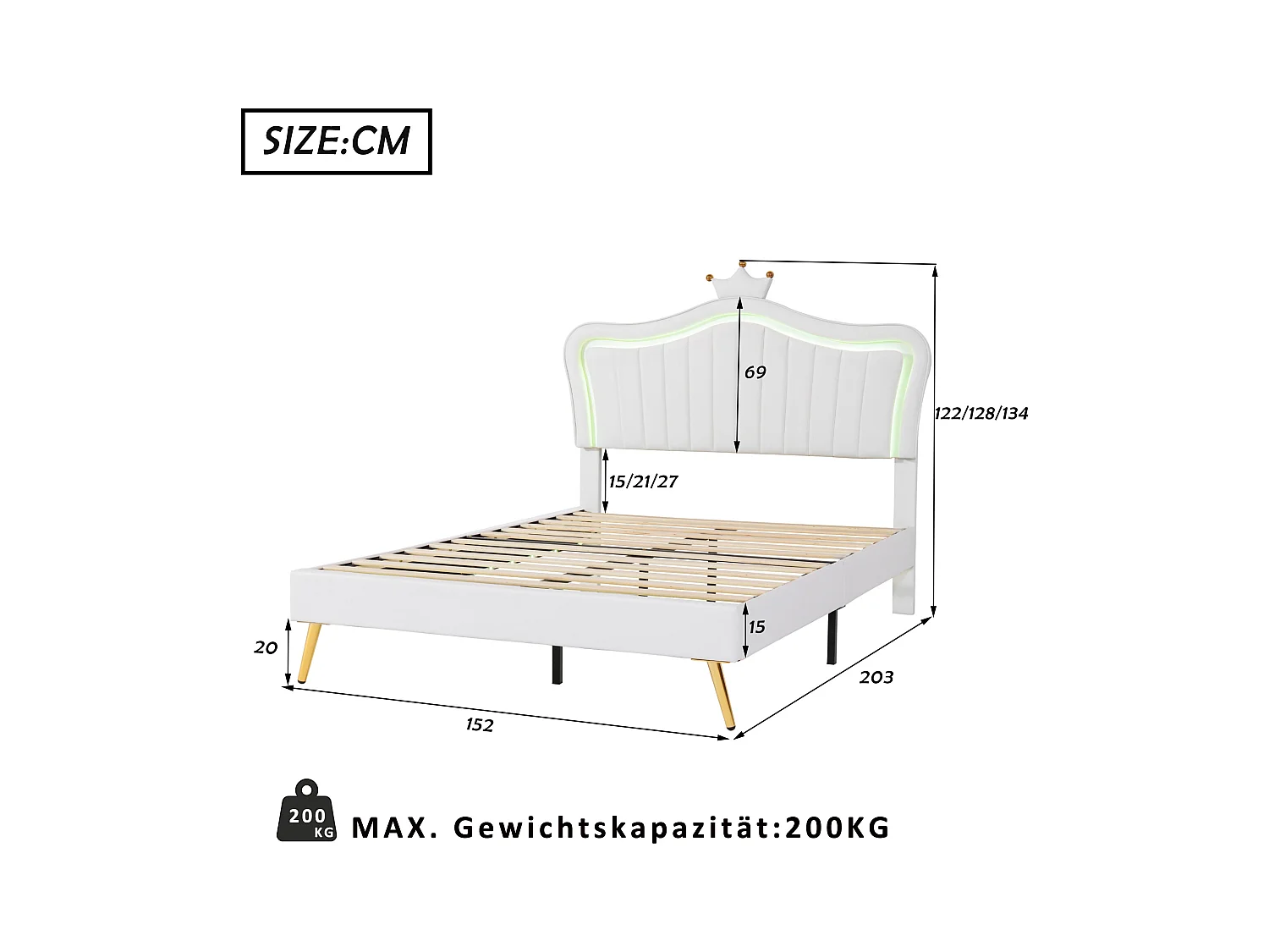 Bed 140x200 cm - wit PU - gestoffeerd bed met lattenbodem en rugleuning - LED-verlichting - zonder matras