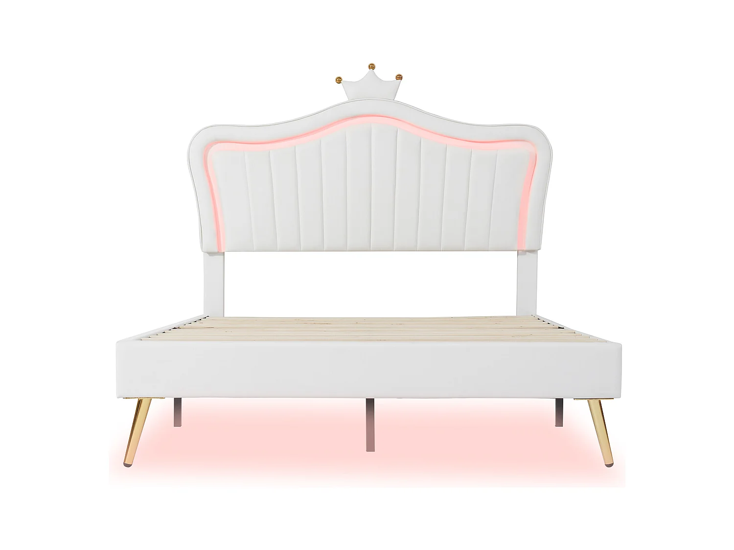 Bed 140x200 cm - wit PU - gestoffeerd bed met lattenbodem en rugleuning - LED-verlichting - zonder matras