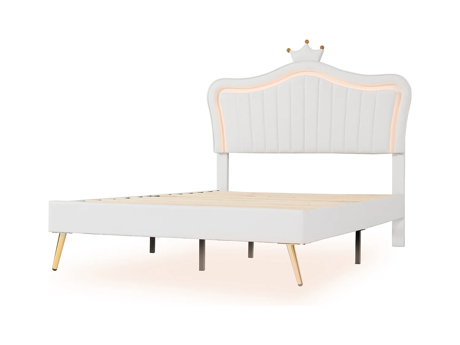 Bed 140x200 cm - wit PU - gestoffeerd bed met lattenbodem en rugleuning - LED-verlichting - zonder matras