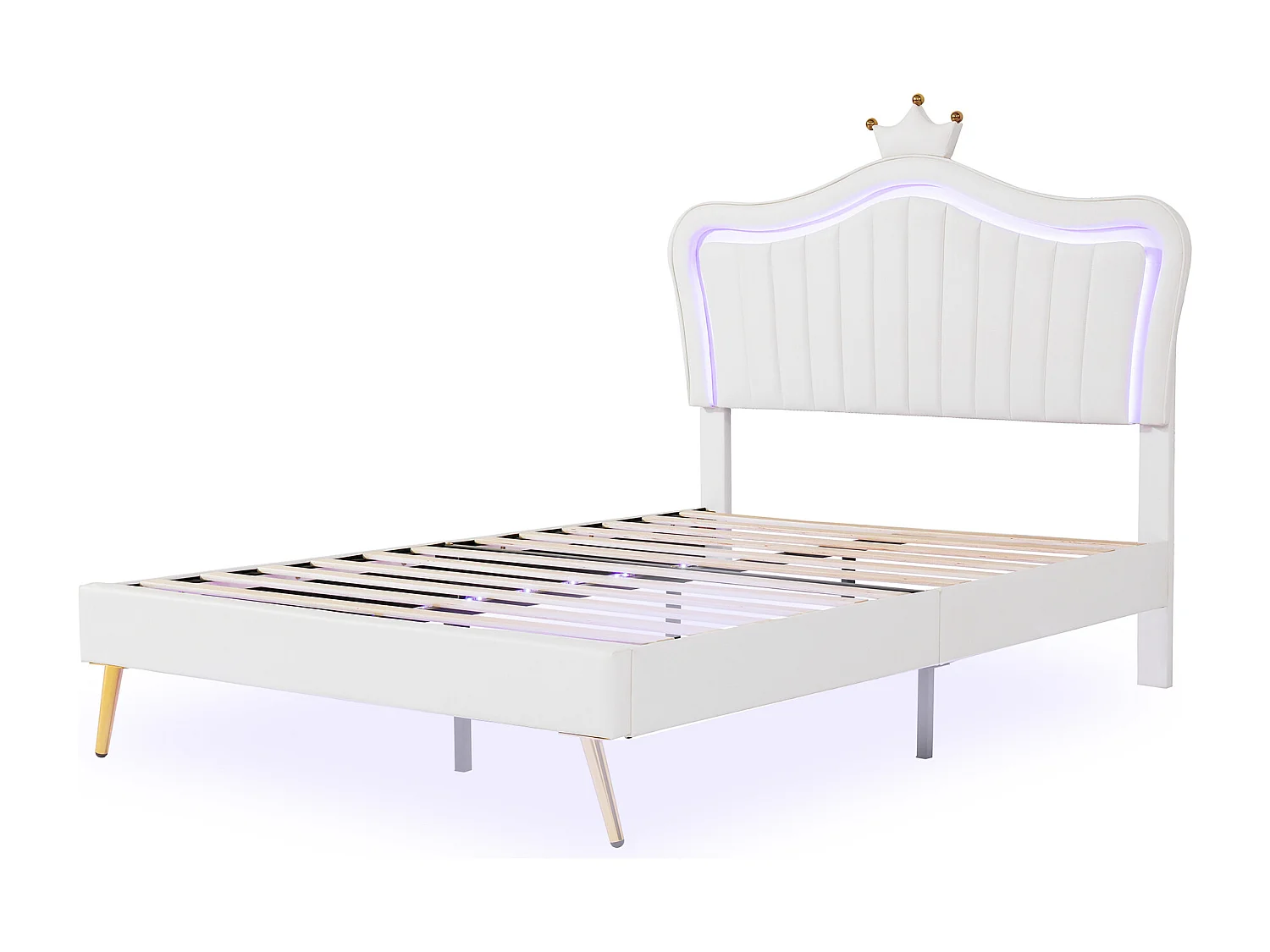 Łóżko 140x200 cm - białe PU - łóżko tapicerowane ze stelażem i oparciem - oświetlenie LED - bez materaca