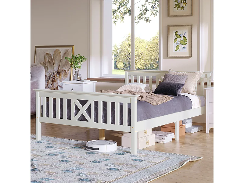 Lit Adulte Double en Bois 140x200 cm Sommier à lattes et tête de lit - Blanc