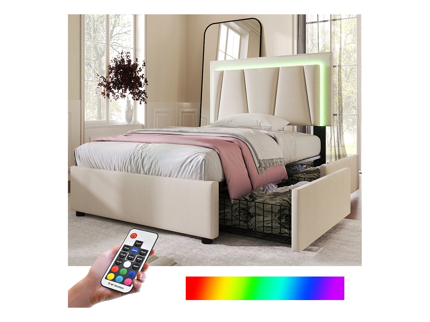 Lit 90x200 cm, lin beige, Lit adulte avec éclairage LED et 2 tiroirs, sans matelas