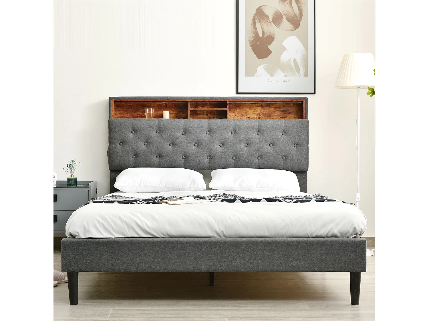 Bett 140 x 200 cm - Graues Leinen - Erwachsenenbett mit Bettkastenkopfteil und Holzlattenrost - LED-Beleuchtung - Ohne Matratze