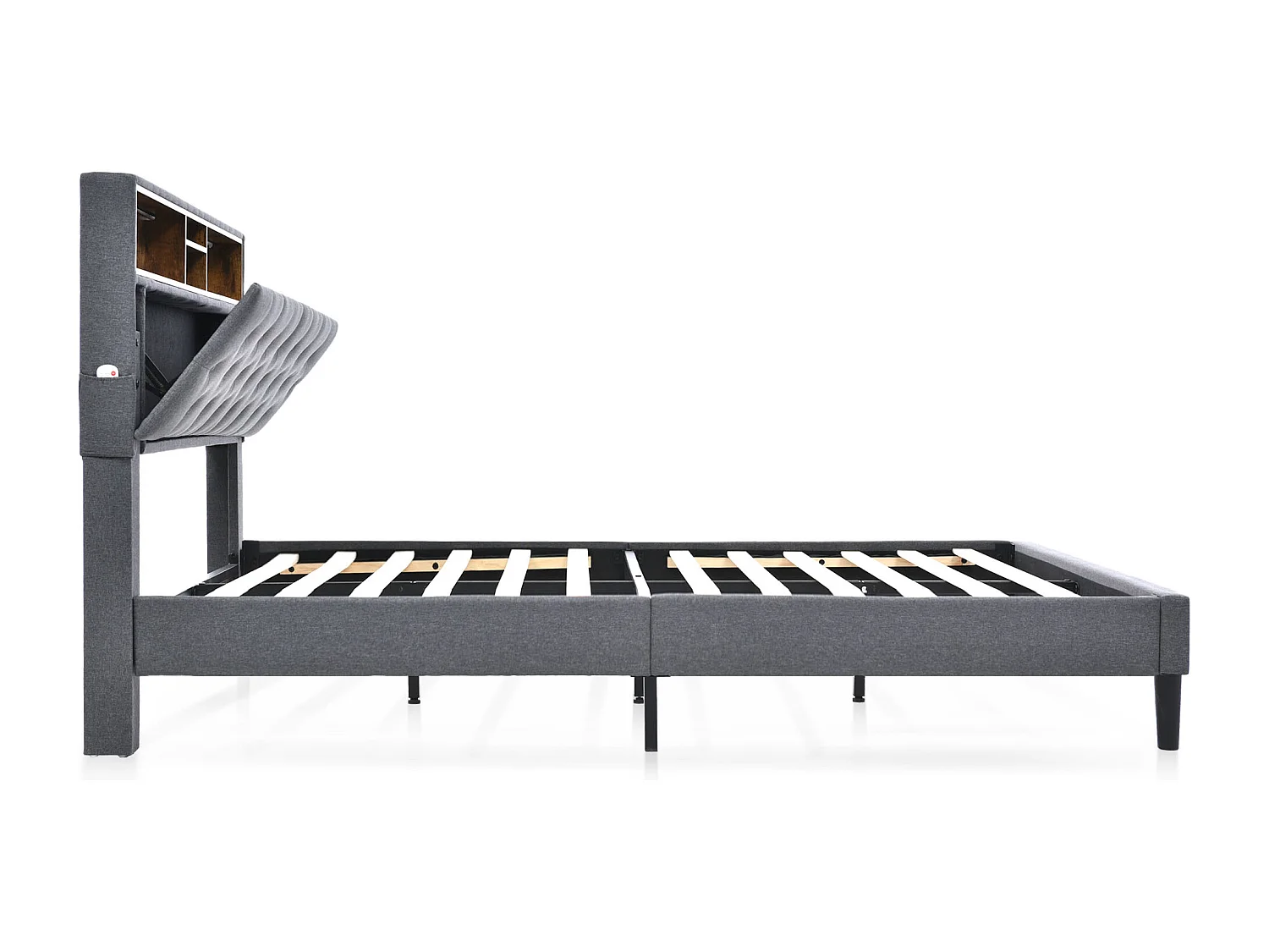 Bett 140 x 200 cm - Graues Leinen - Erwachsenenbett mit Bettkastenkopfteil und Holzlattenrost - LED-Beleuchtung - Ohne Matratze