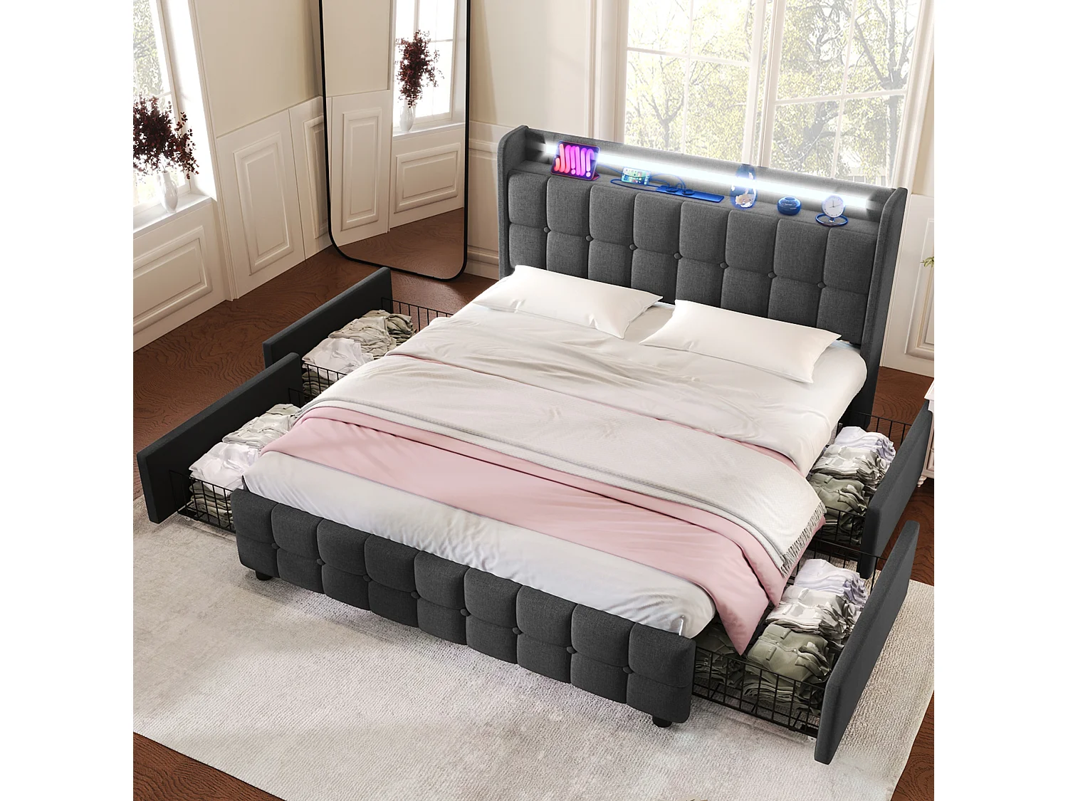 Lit adulte 140x200 cm, lin gris, Lit avec 4 tiroirs et sommier à lattes en bois, éclairage LED - avec matelas