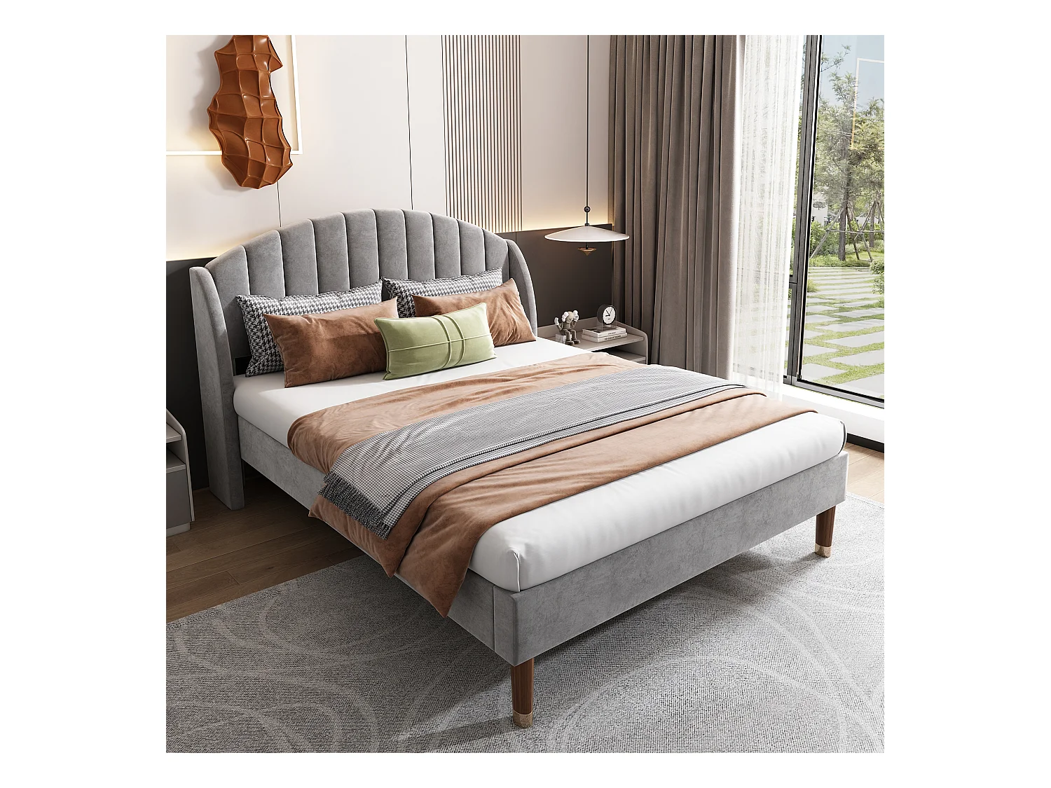 Lit double 160x200 cm lit adulte avec pieds en bois - tissu en velours gris - sans matelas