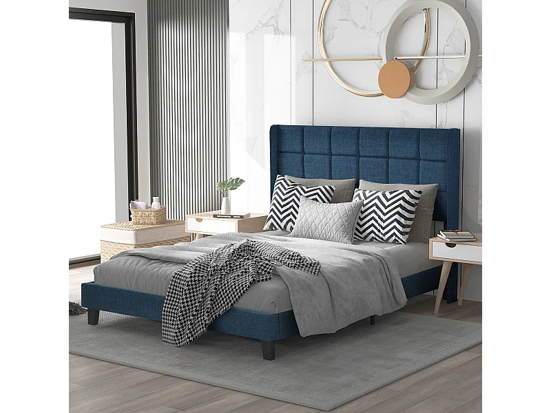 Bett 140 x 200 cm – blaues Leinen – Erwachsenenbett mit gepolstertem Kopfteil und Lattenrost – ohne Matratze
