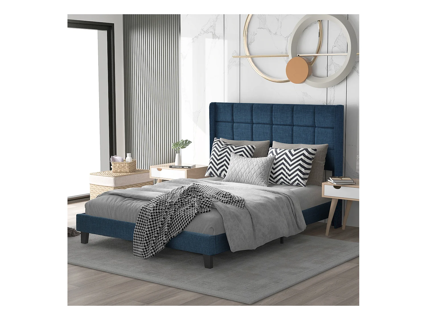 Lit adulte 140x200 cm lit double avec sommier à lattes - tissu en lin Bleu - sans matelas