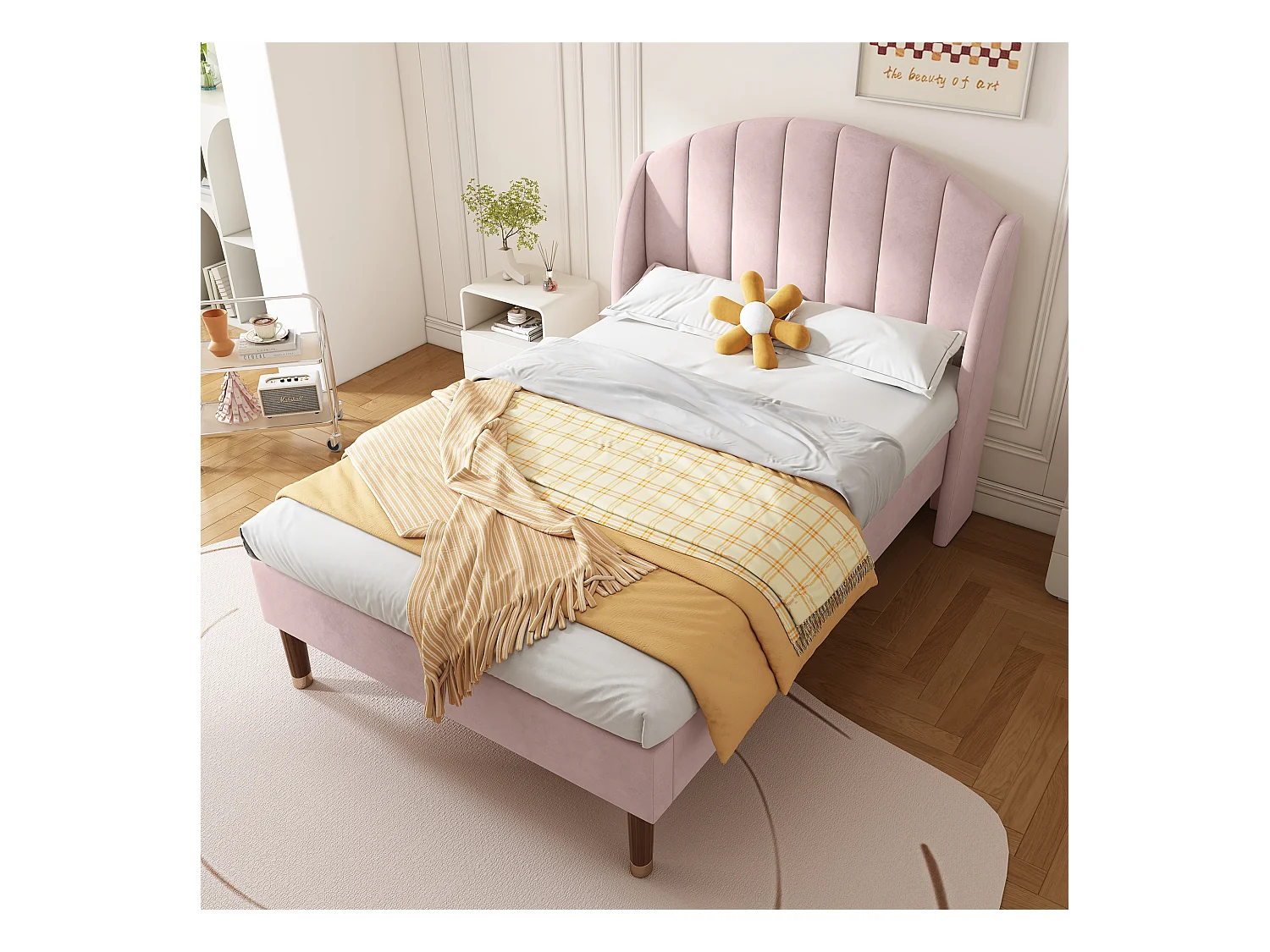 Lit simple 90x200 cm lit enfant avec pieds en bois - tissu en velours rose - sans matelas