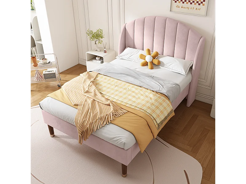 Bed 90x200 cm - roze fluweel - eenpersoonsbed met lattenbodem en gewatteerd hoofdbord - zonder matras