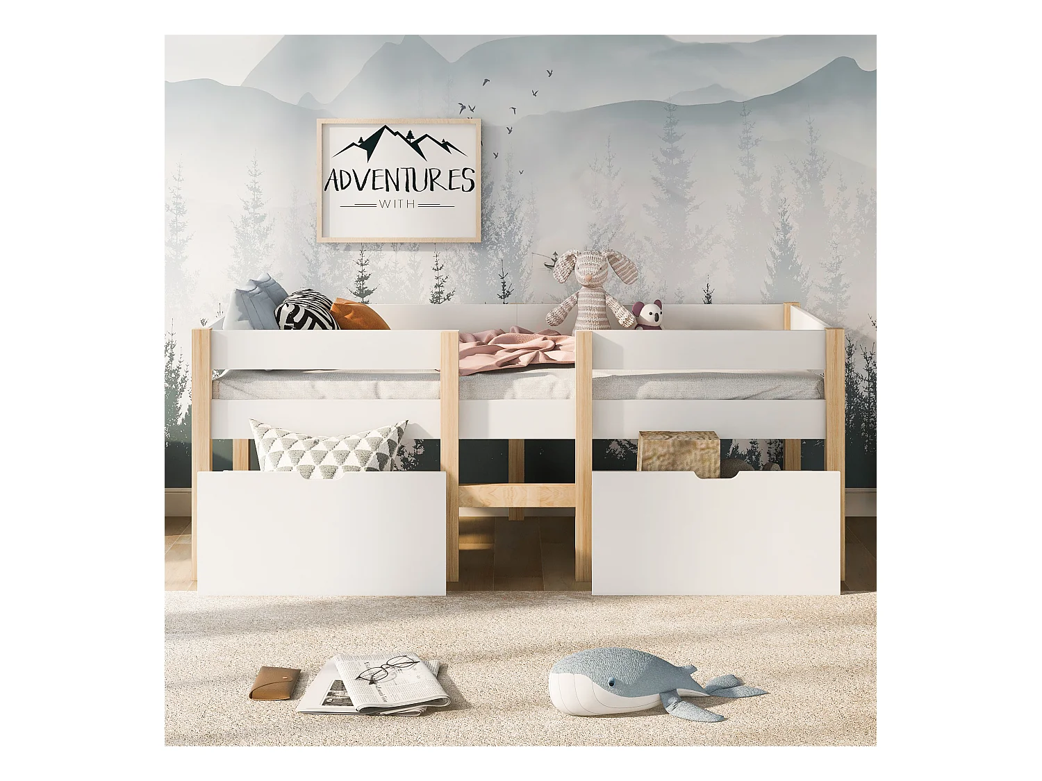 Lit bébé 90x190 cm lit simple avec protection antichute et 2 tiroirs- en bois - blanc - sans matelas