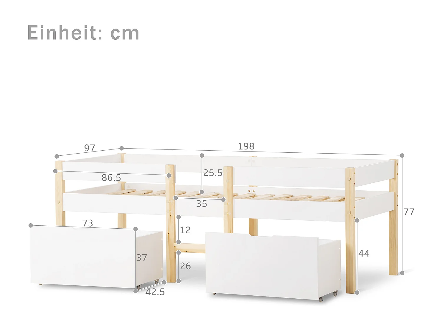 Lit bébé 90x190 cm lit simple avec protection antichute et 2 tiroirs- en bois - blanc - sans matelas