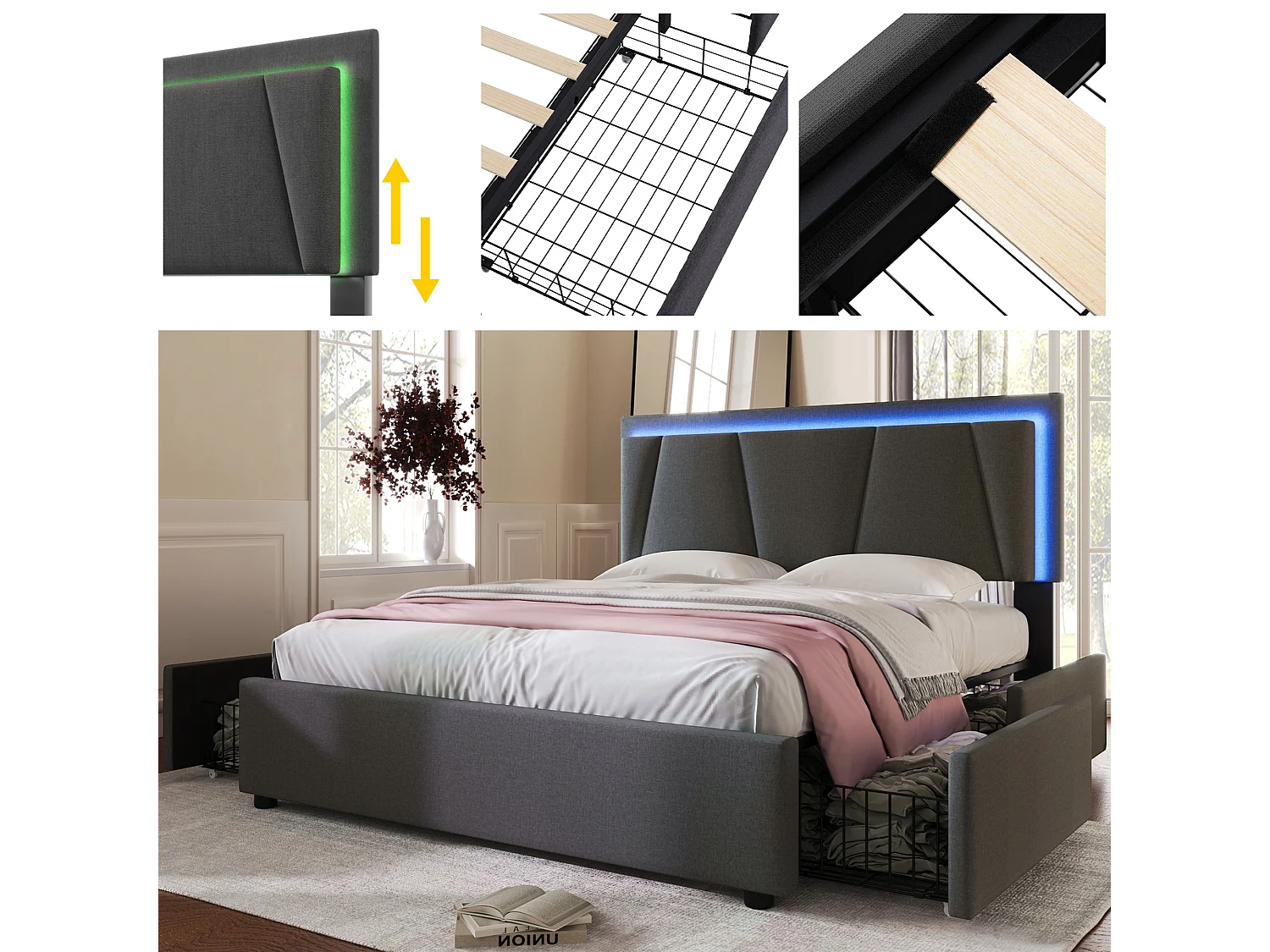 Lit rembourré en bois 140x200 cm avec éclairage LED et 4 tiroirs - Gris(matelas inclus)