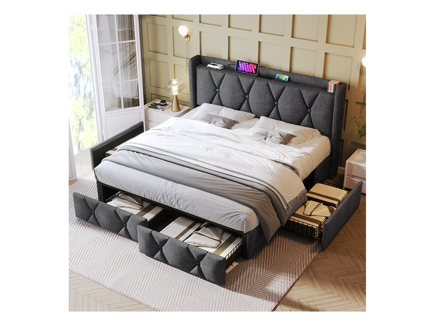 Lit rembourré 160 x 200 cm - lit double avec recharge USB et 4 tiroirs - sommier à lattes en bois - lin gris