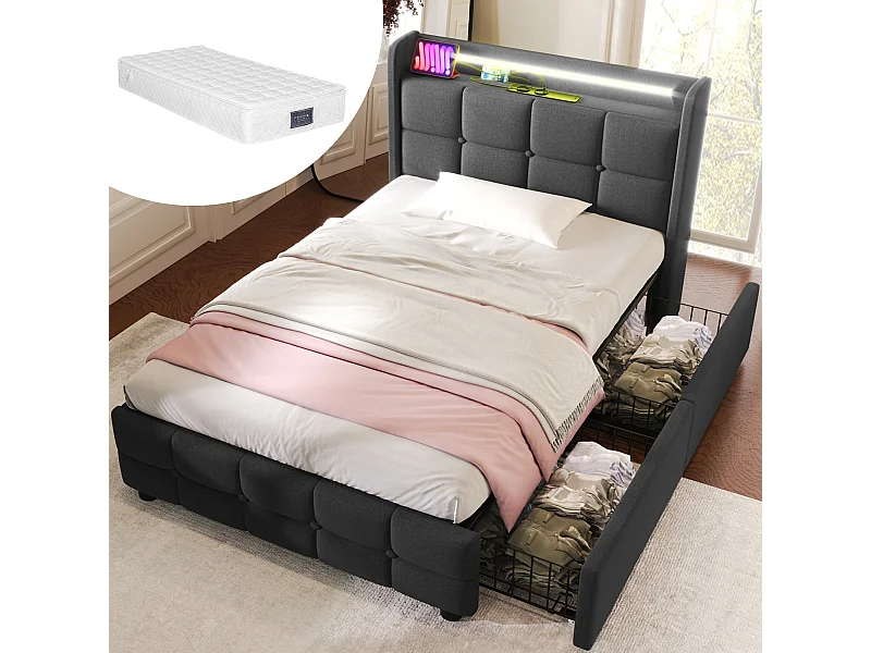 Cama tapizada 90x200 cm con USB, LED y 2 cajones - Madera - Gris (colchón incluido)