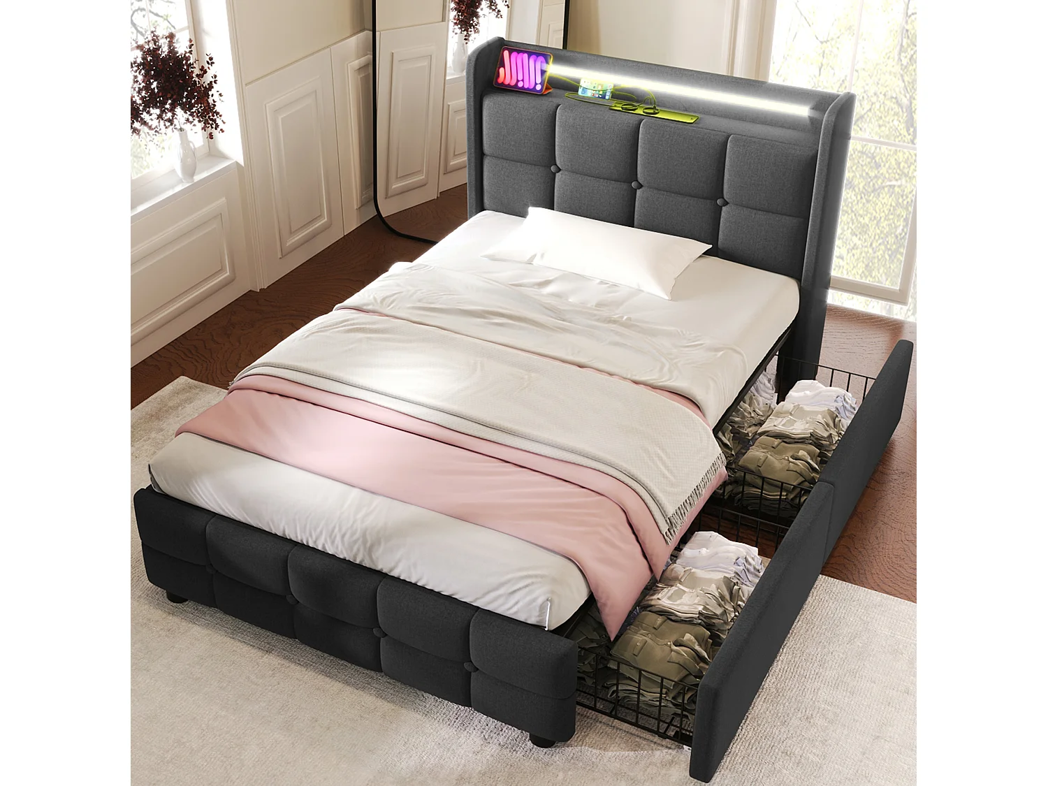 Letto imbottito 90x200 cm con USB, LED e 2 cassetti - lino - grigio (materasso incluso)