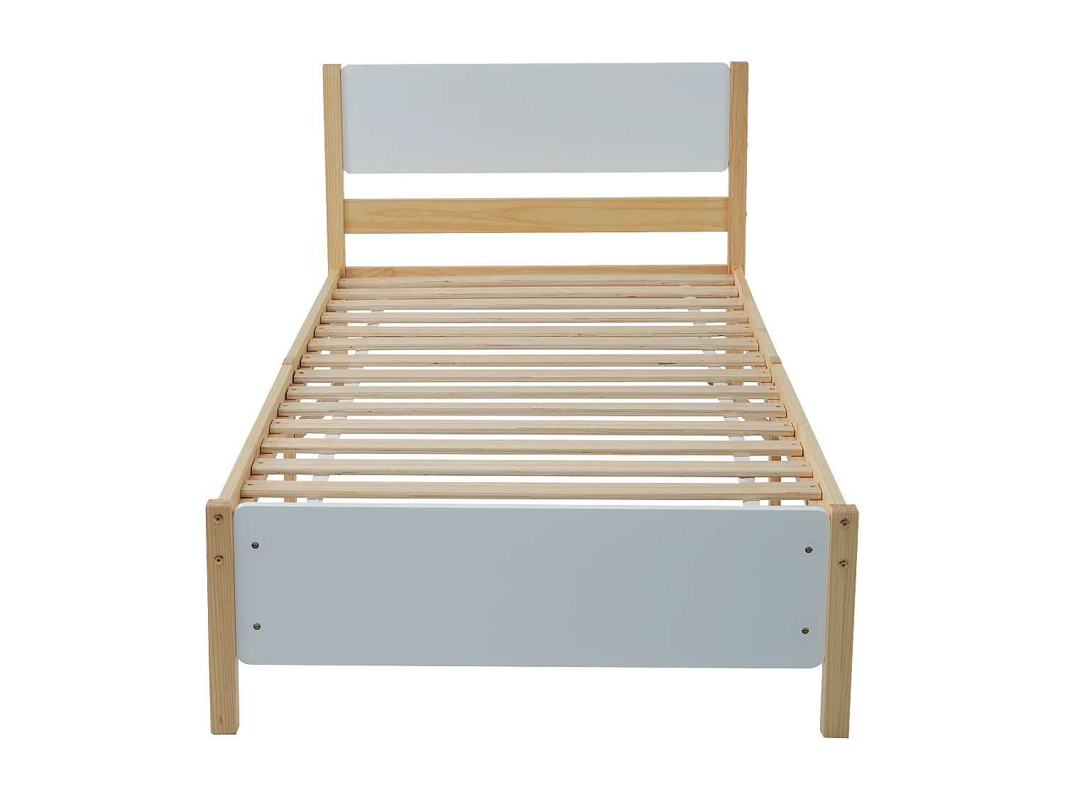 Lit adulte simple en bois 90x200 cm Cadre en Pin avec pied de lit en MDF - Blanc et Naturel