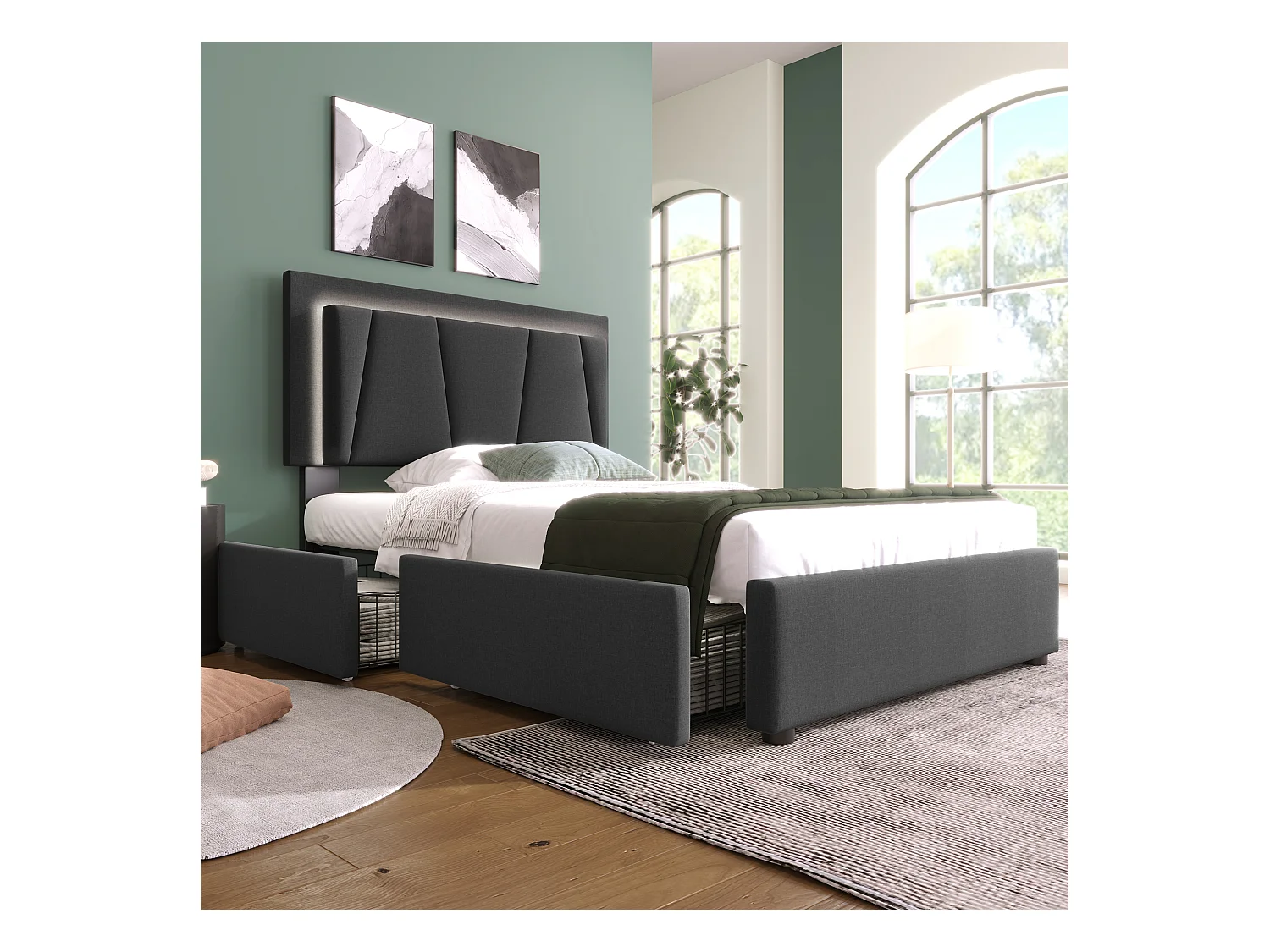 Bett 90 x 200 cm – graues Leinen – Kinderbett mit verstellbarem Kopfteil und 2 Schubladen – LED-Beleuchtung – ohne Matratze