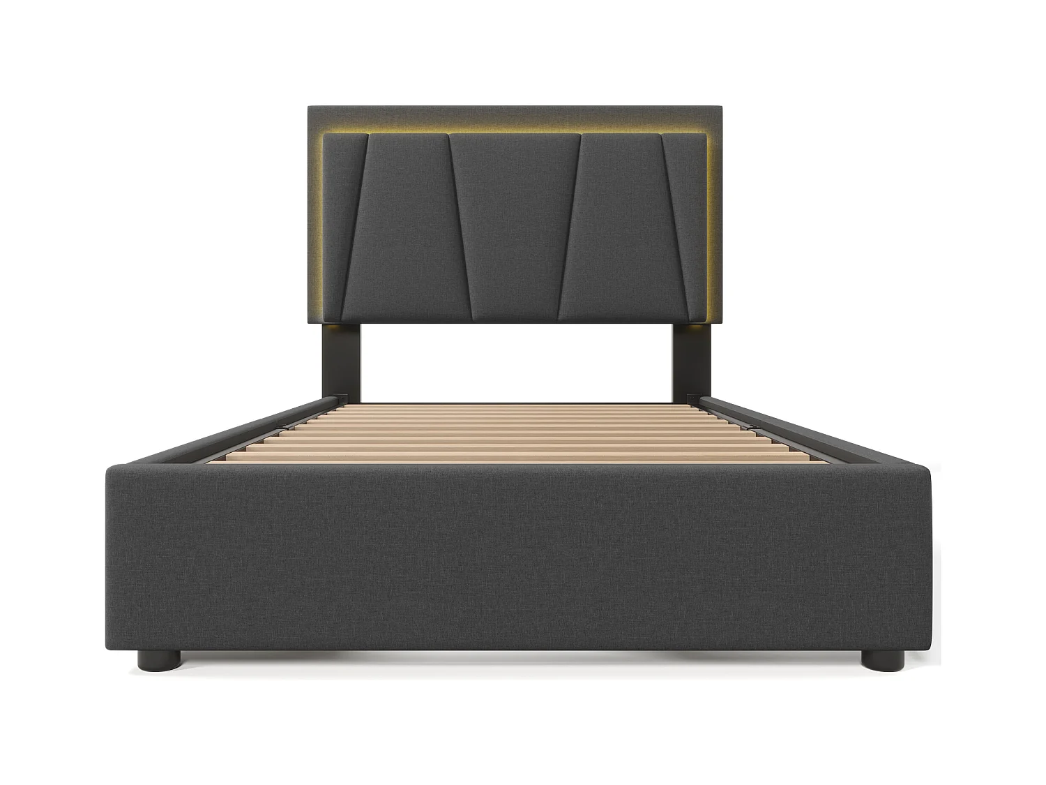 Bett 90 x 200 cm – graues Leinen – Kinderbett mit verstellbarem Kopfteil und 2 Schubladen – LED-Beleuchtung – ohne Matratze