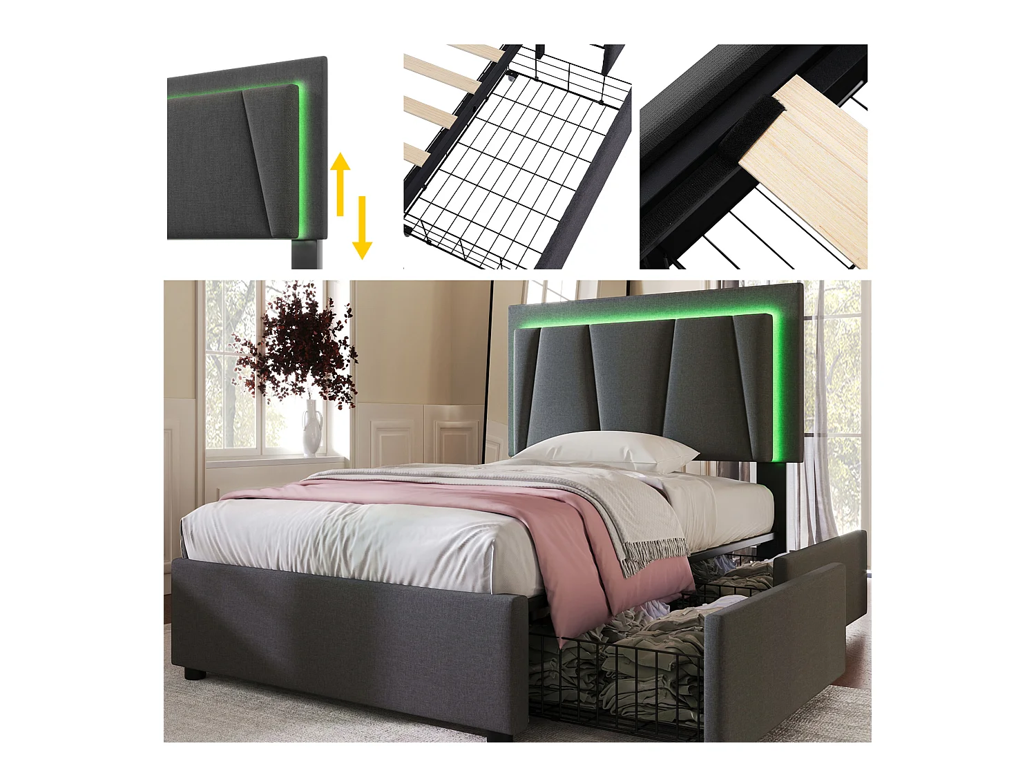 Bett 90 x 200 cm – graues Leinen – Kinderbett mit verstellbarem Kopfteil und 2 Schubladen – LED-Beleuchtung – ohne Matratze