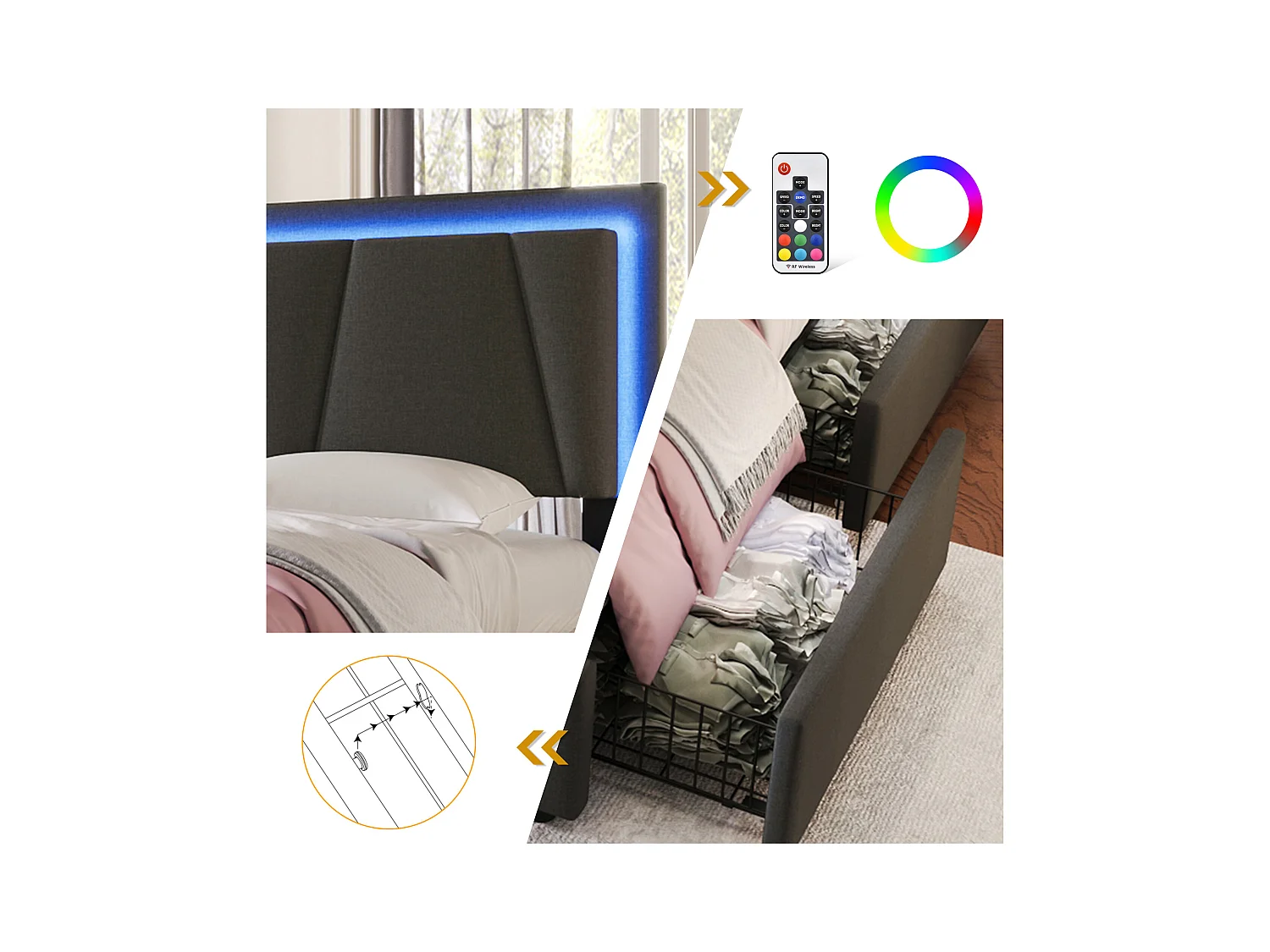 Bett 90 x 200 cm – graues Leinen – Kinderbett mit verstellbarem Kopfteil und 2 Schubladen – LED-Beleuchtung – ohne Matratze