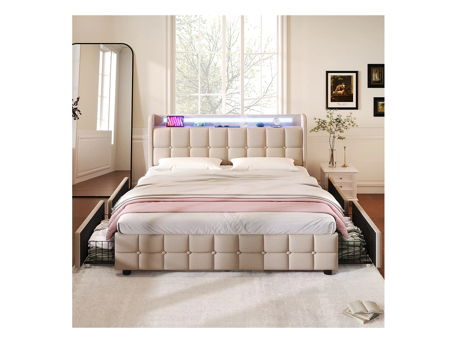 Bett 180 x 200 cm – beiges Leinen – Doppelbett mit LED-Beleuchtung und USB-Ladefunktion – 4 Schubladen – ohne Matratze
