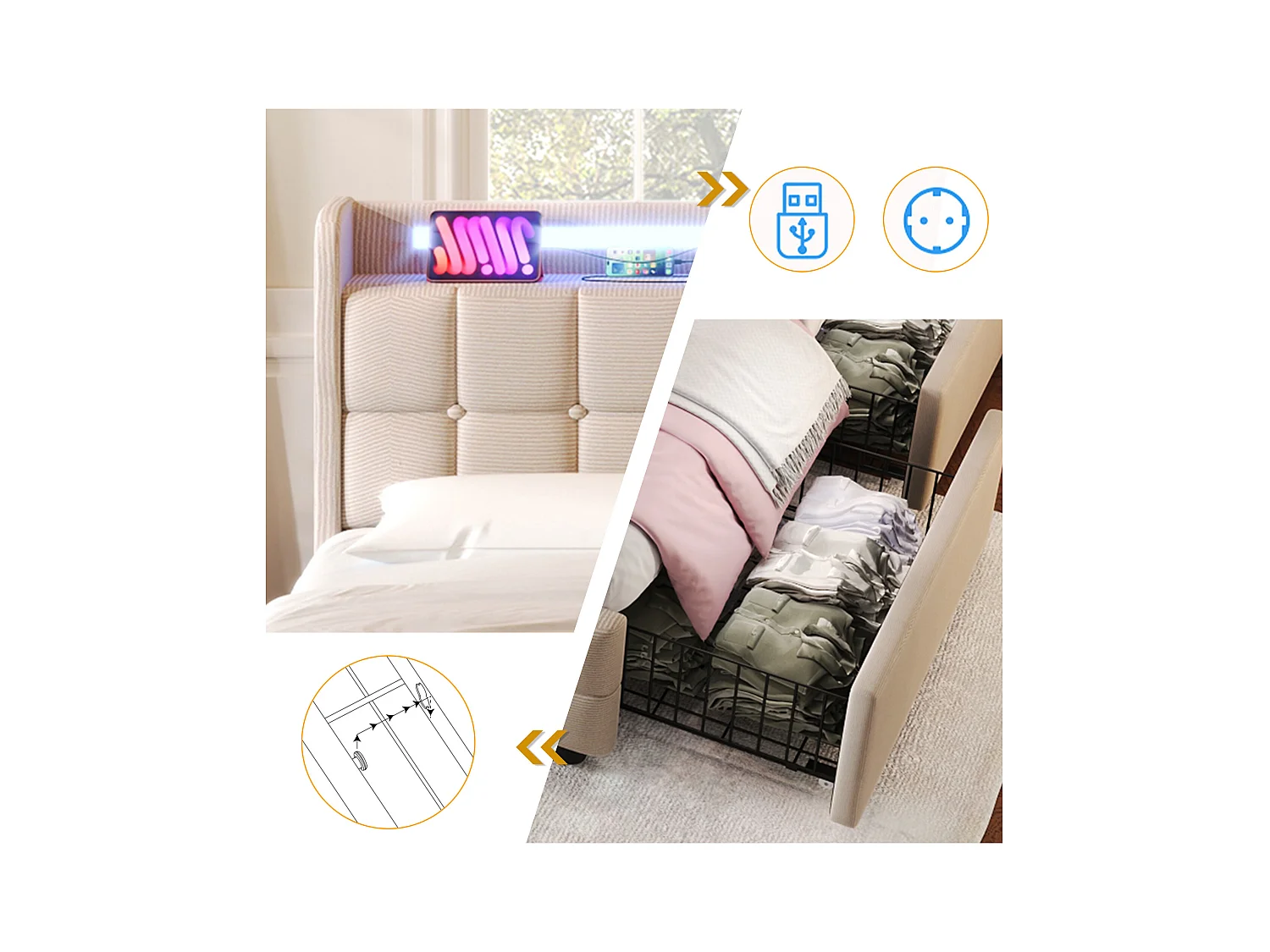 Bett 180 x 200 cm – beiges Leinen – Doppelbett mit LED-Beleuchtung und USB-Ladefunktion – 4 Schubladen – ohne Matratze