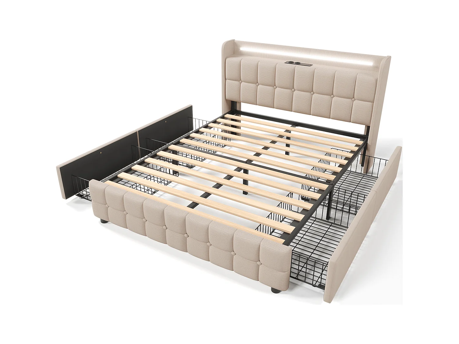 Bett 180 x 200 cm – beiges Leinen – Doppelbett mit LED-Beleuchtung und USB-Ladefunktion – 4 Schubladen – ohne Matratze