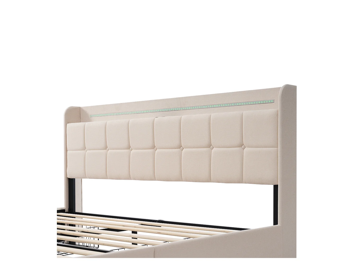 Bett 180 x 200 cm – beiges Leinen – Doppelbett mit LED-Beleuchtung und USB-Ladefunktion – 4 Schubladen – ohne Matratze