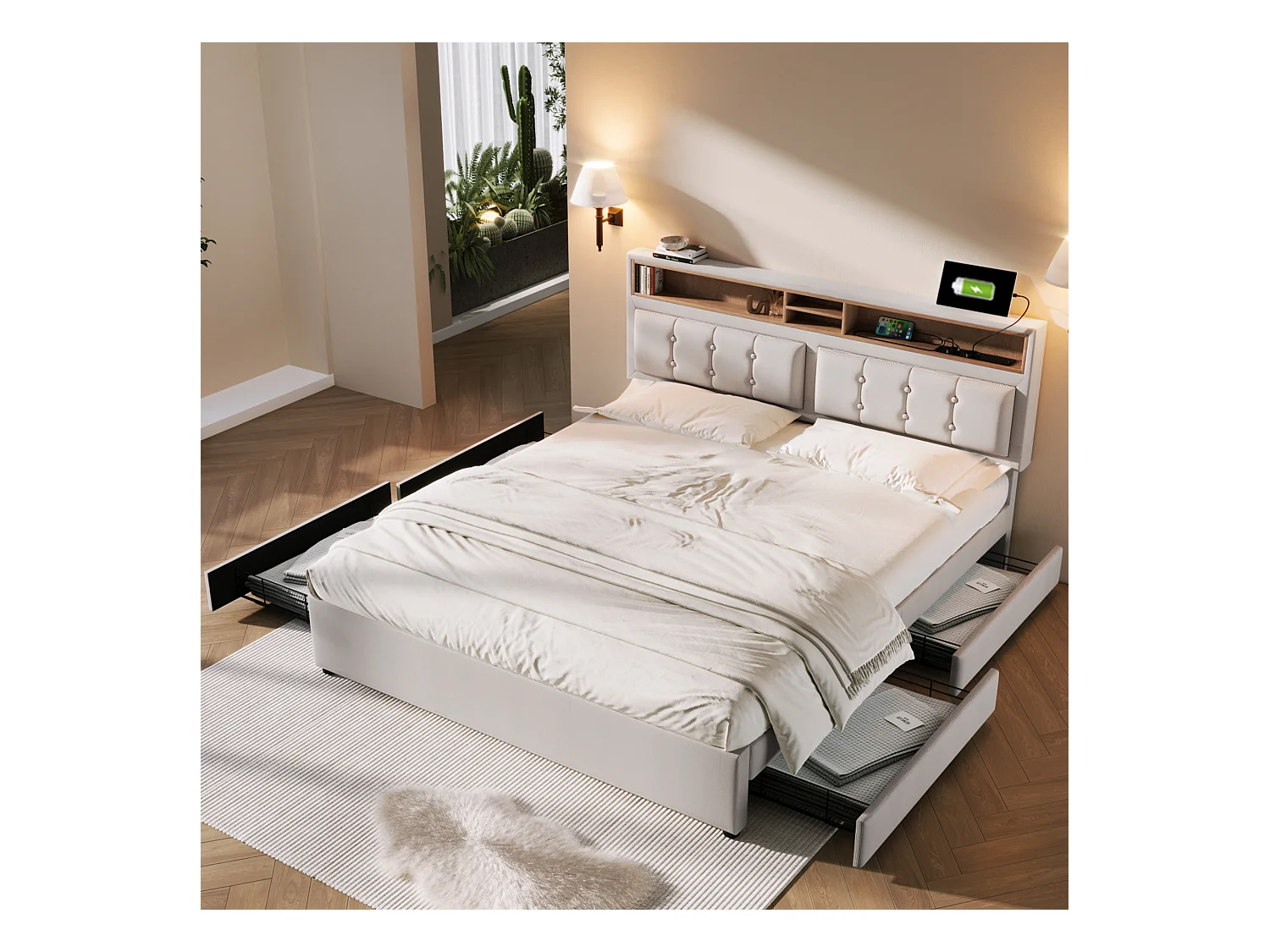 Lit adulte lit double capitonné 160x200 cm avec tiroirs et prise USB C - Beige(sans matelas)