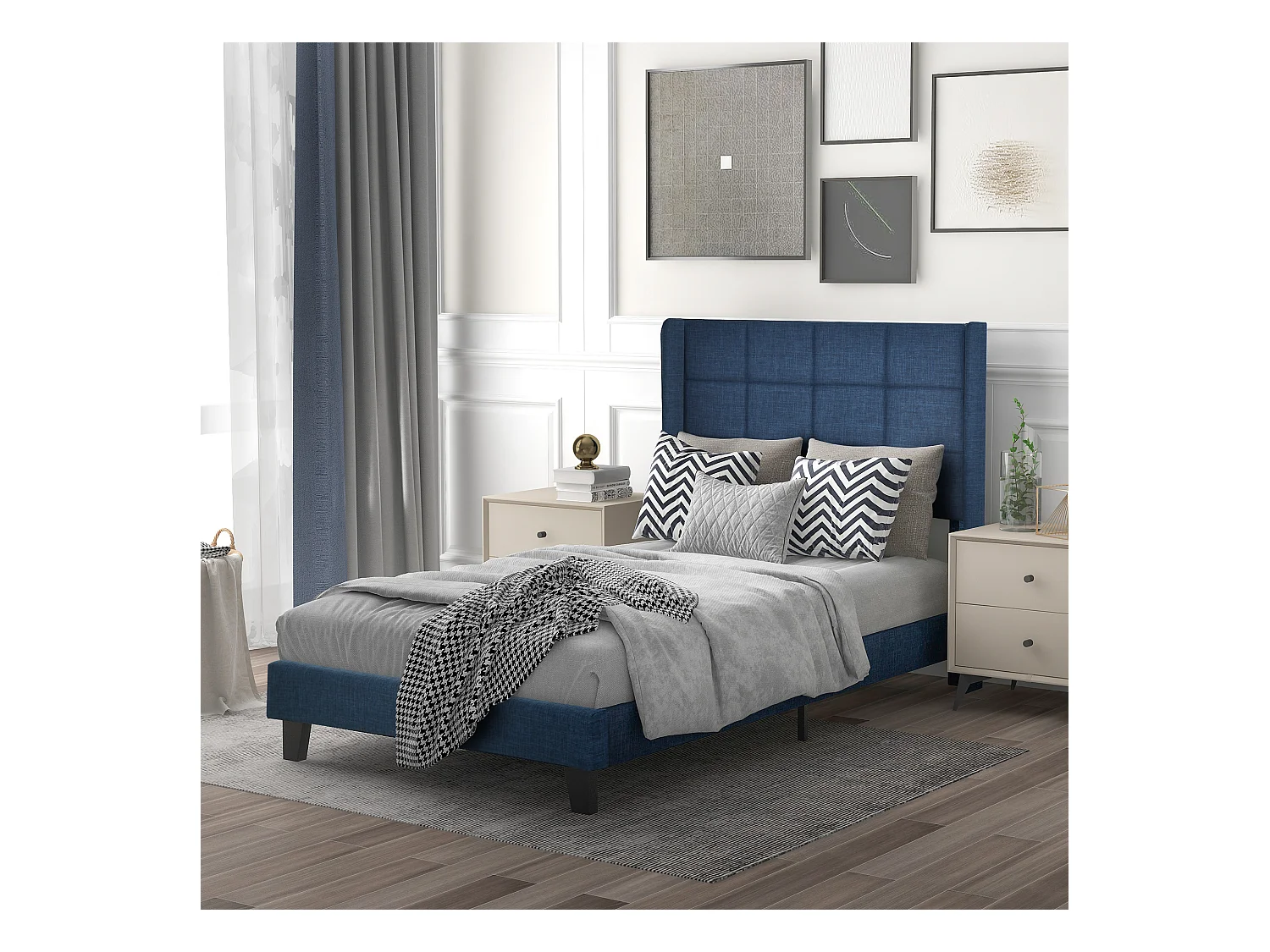 Lit simple 90x200 cm lit enfant avec sommier à lattes - tissu en lin Bleu - sans matelas