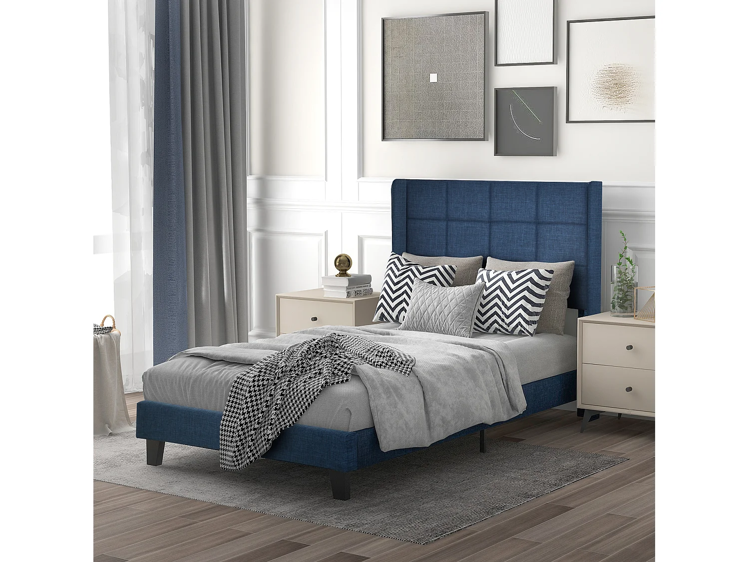 Lit simple 90x200 cm lit enfant avec sommier à lattes - tissu en lin Bleu - sans matelas