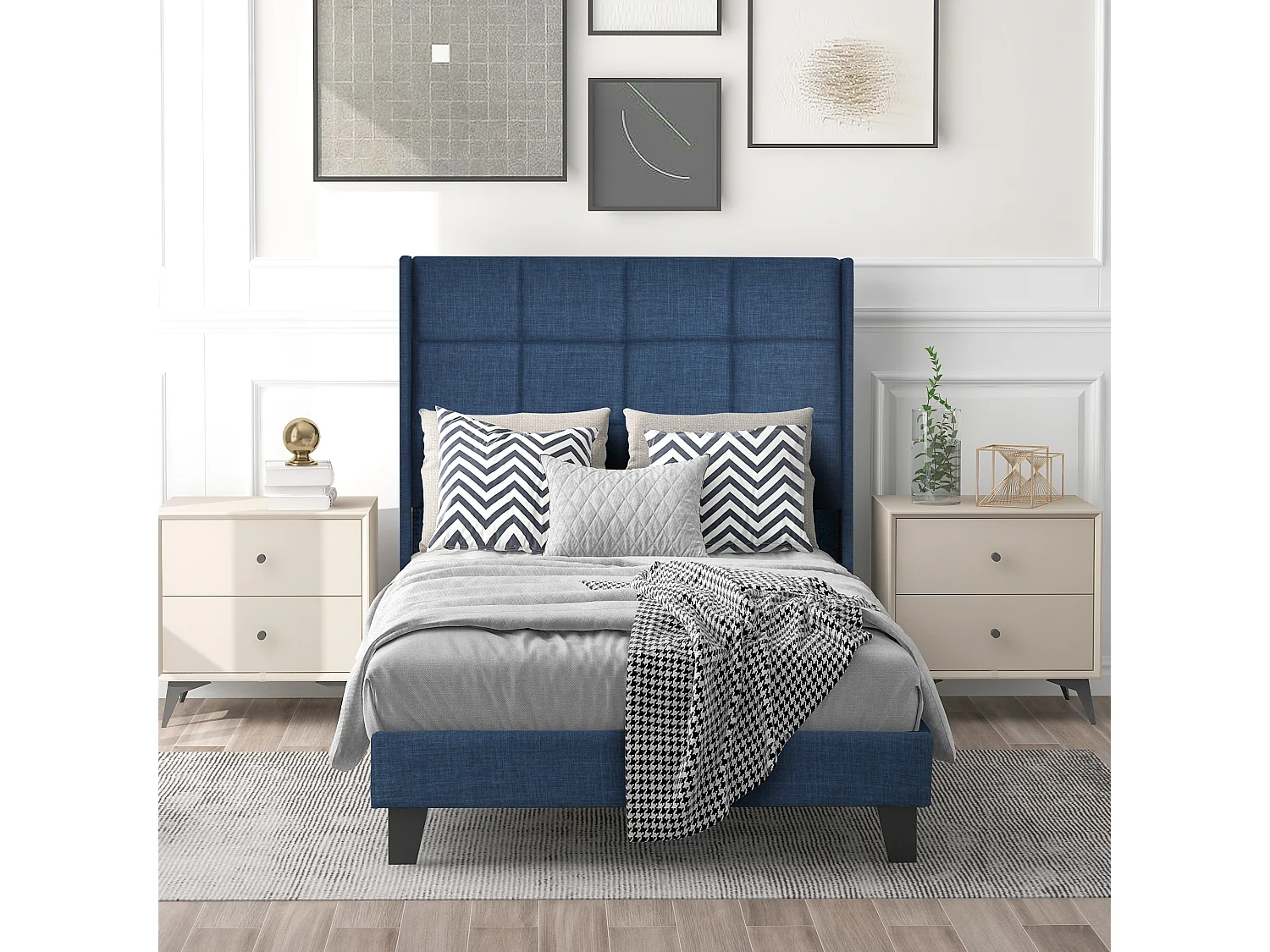 Lit simple 90x200 cm lit enfant avec sommier à lattes - tissu en lin Bleu - sans matelas