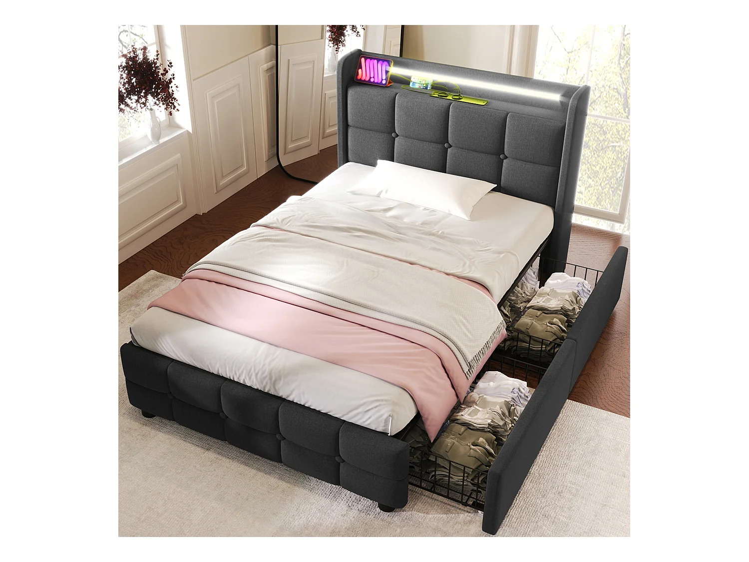 Bett 90 x 200 cm – graues Leinen – Kinderbett mit LED-Beleuchtung und USB-Ladefunktion – 2 Schubladen – ohne Matratze