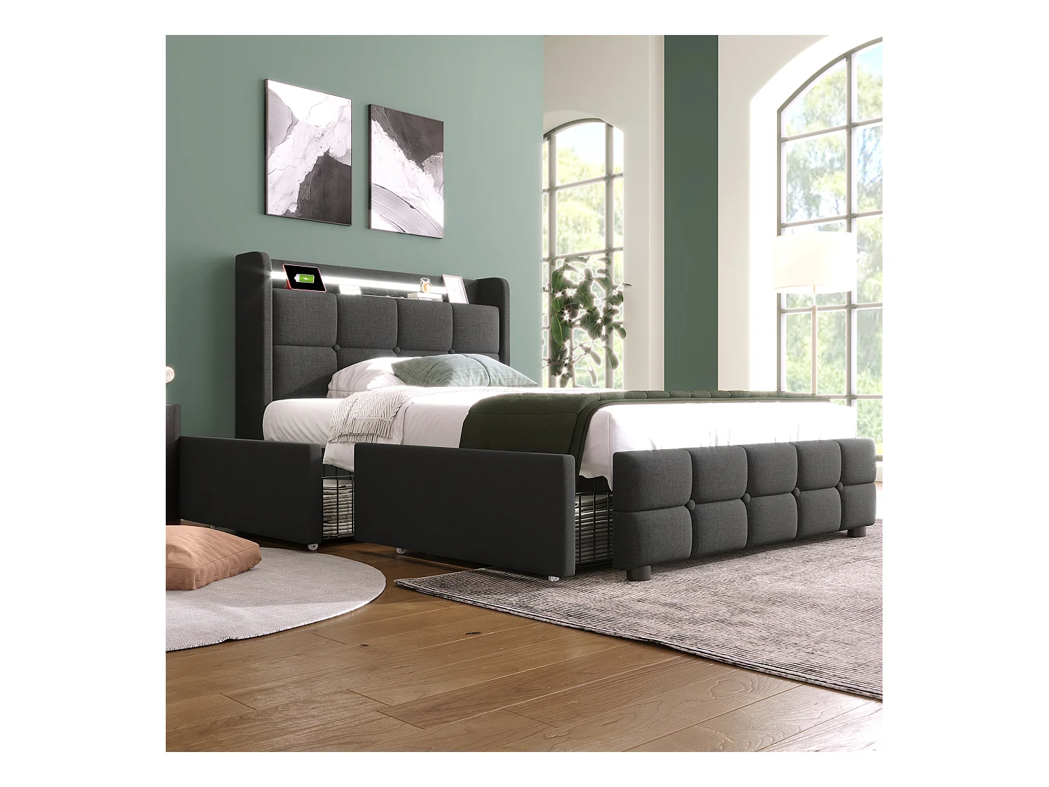 Bett 90 x 200 cm – graues Leinen – Kinderbett mit LED-Beleuchtung und USB-Ladefunktion – 2 Schubladen – ohne Matratze