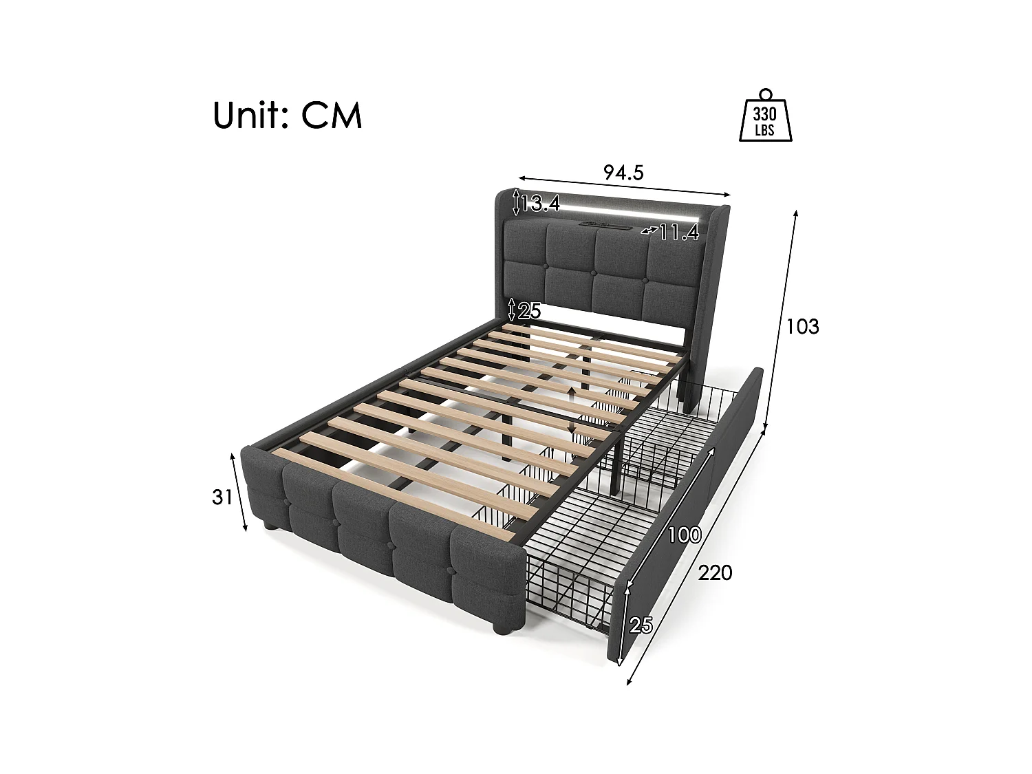 Bett 90 x 200 cm – graues Leinen – Kinderbett mit LED-Beleuchtung und USB-Ladefunktion – 2 Schubladen – ohne Matratze