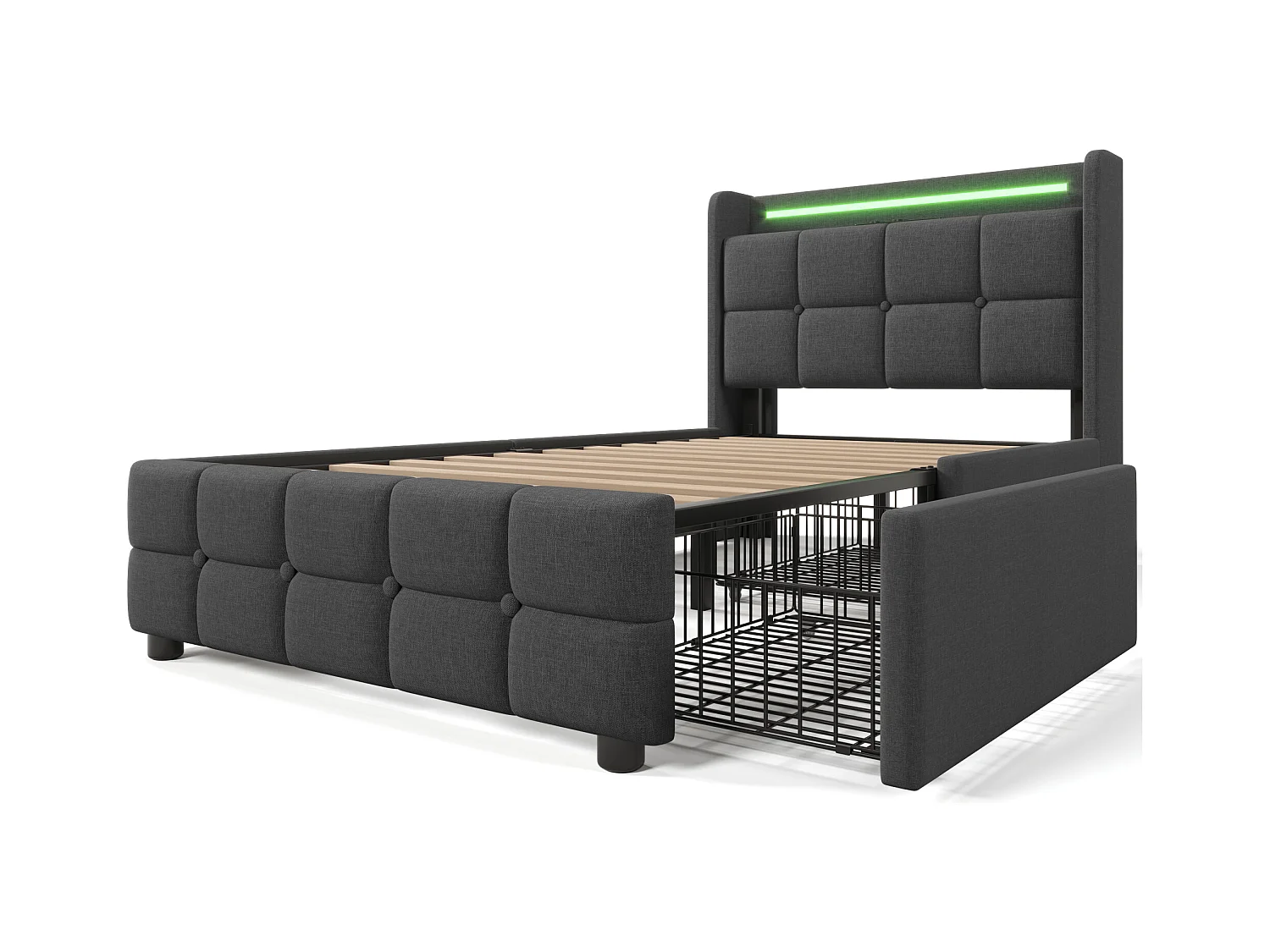 Bett 90 x 200 cm – graues Leinen – Kinderbett mit LED-Beleuchtung und USB-Ladefunktion – 2 Schubladen – ohne Matratze