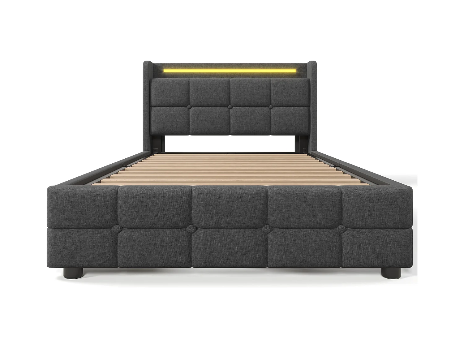 Bett 90 x 200 cm – graues Leinen – Kinderbett mit LED-Beleuchtung und USB-Ladefunktion – 2 Schubladen – ohne Matratze