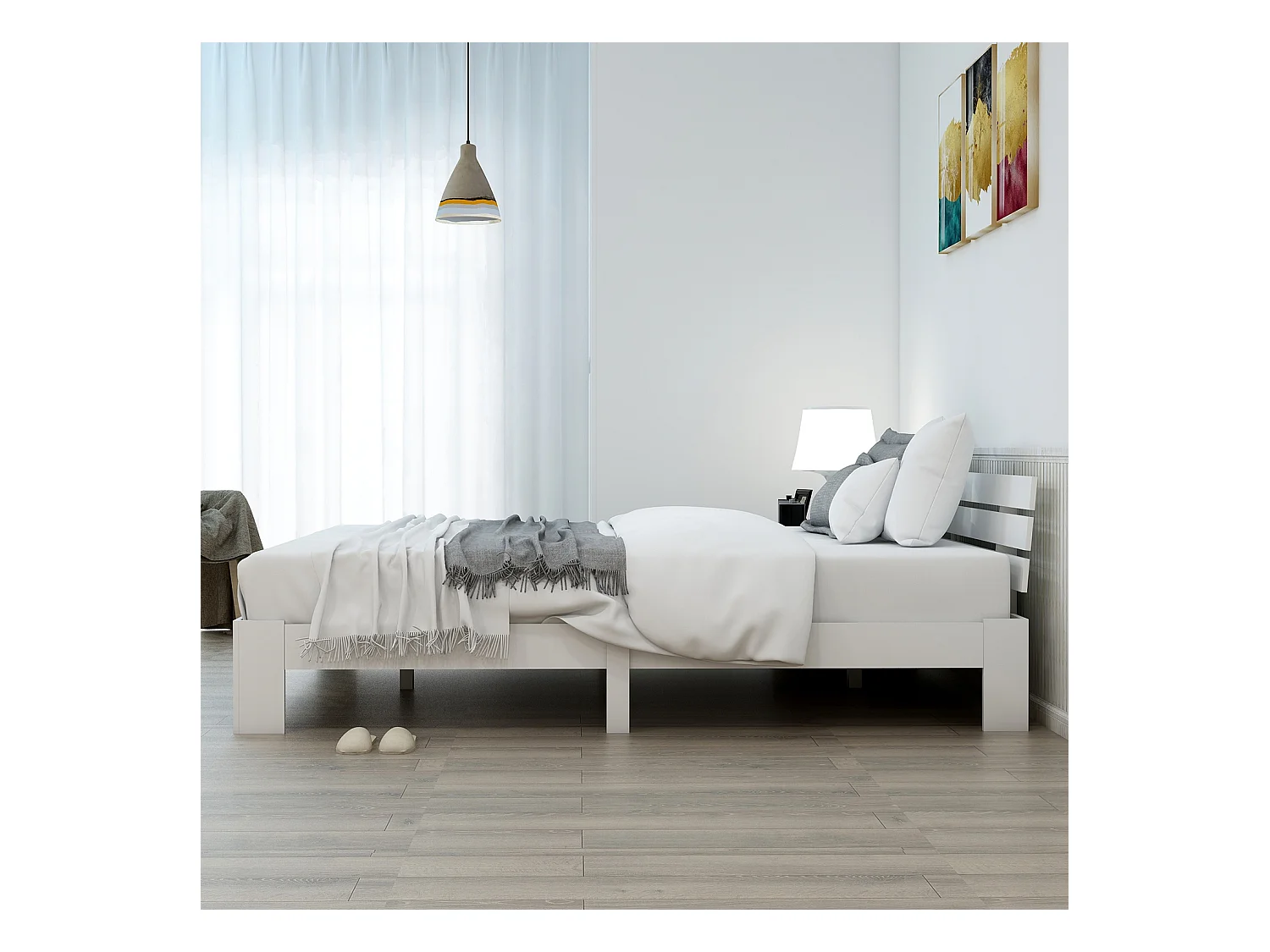 Lit en bois massif 140 x 200 cm, avec tête de lit et sommier à lattes - blanc, sans matelas