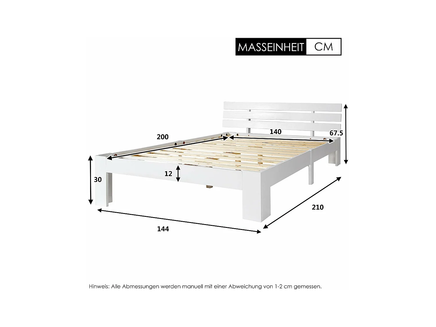 Lit en bois massif 140 x 200 cm, avec tête de lit et sommier à lattes - blanc, sans matelas