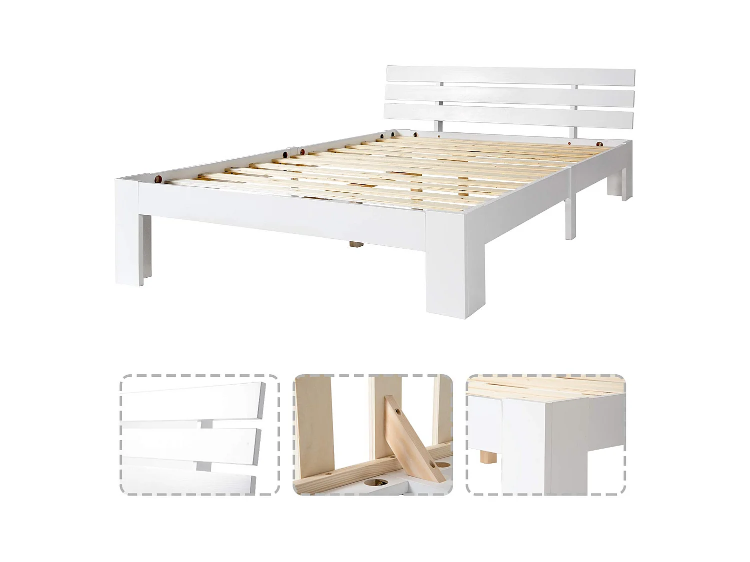 Lit en bois massif 140 x 200 cm, avec tête de lit et sommier à lattes - blanc, sans matelas