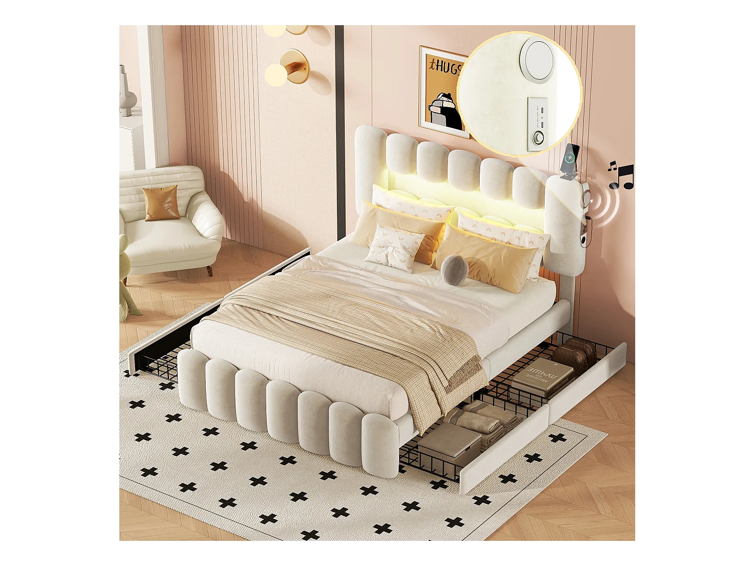 Lit avec tiroirs 140x200 cm - Velours beige - Lit adulte avec LED, USB et chaîne stéréo - 4 tiroirs