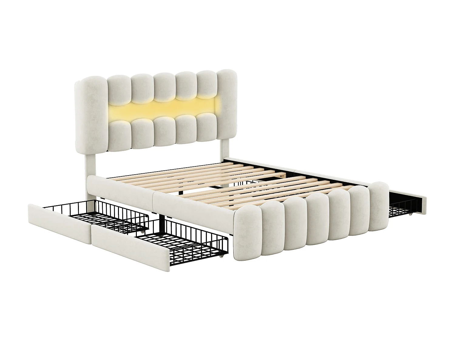 Lit avec tiroirs 140x200 cm - Velours beige - Lit adulte avec LED, USB et chaîne stéréo - 4 tiroirs