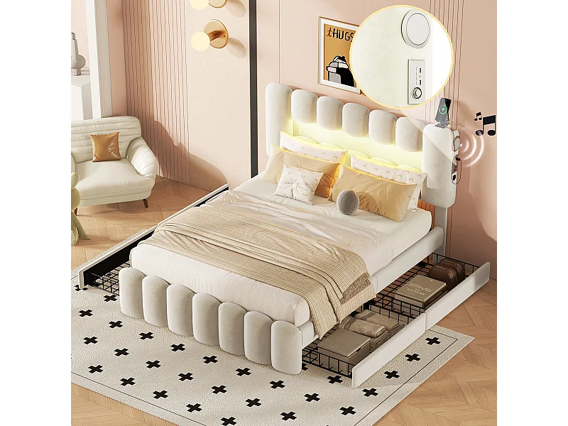 Lit avec tiroirs 140x200 cm - Velours beige - Lit adulte avec LED, USB et chaîne stéréo - 4 tiroirs