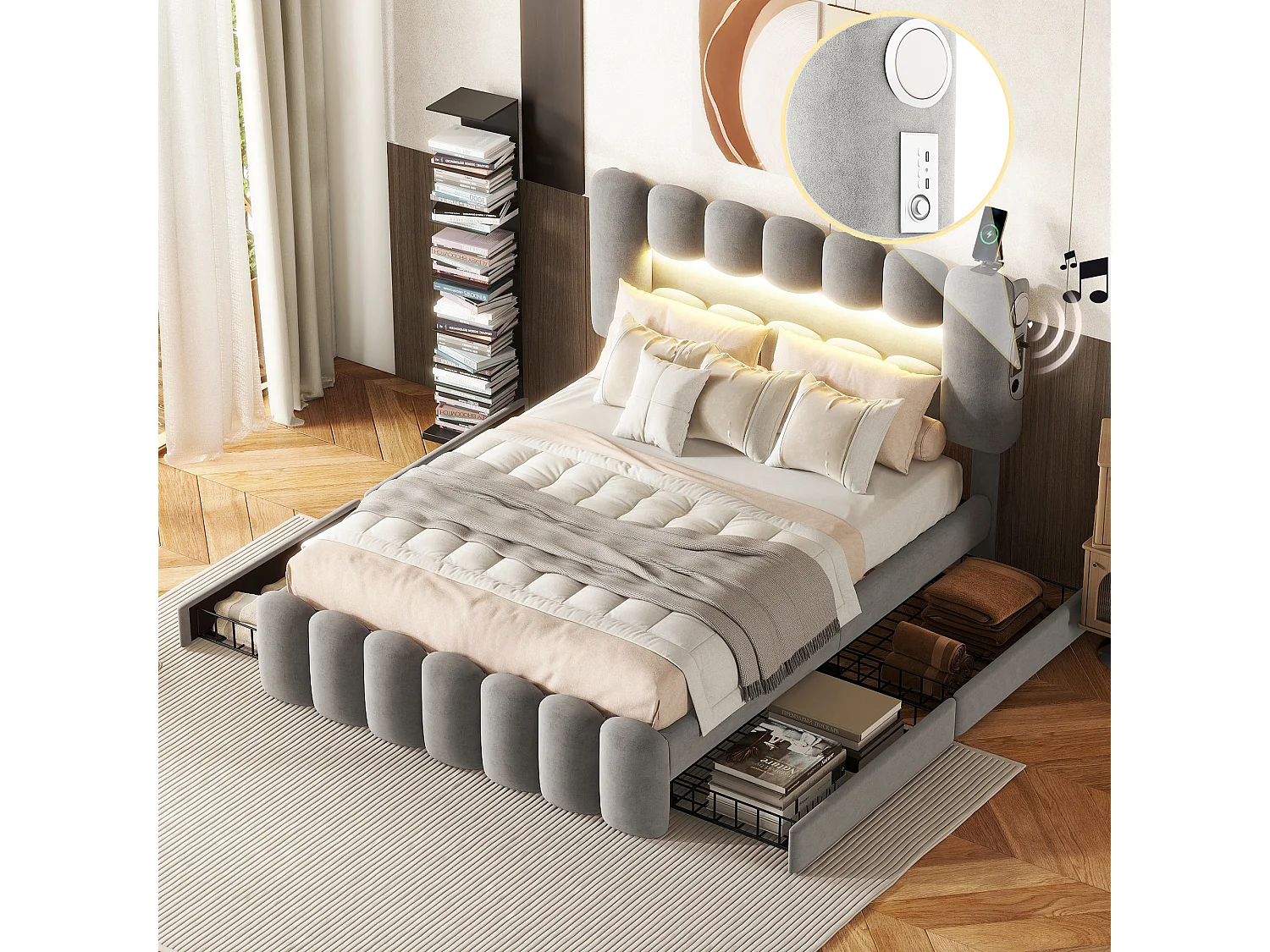 Lit avec tiroirs 140x200 cm, velours gris, Lit adulte avec bande lumineuse LED, USB et chaîne stéréo, sans matelas