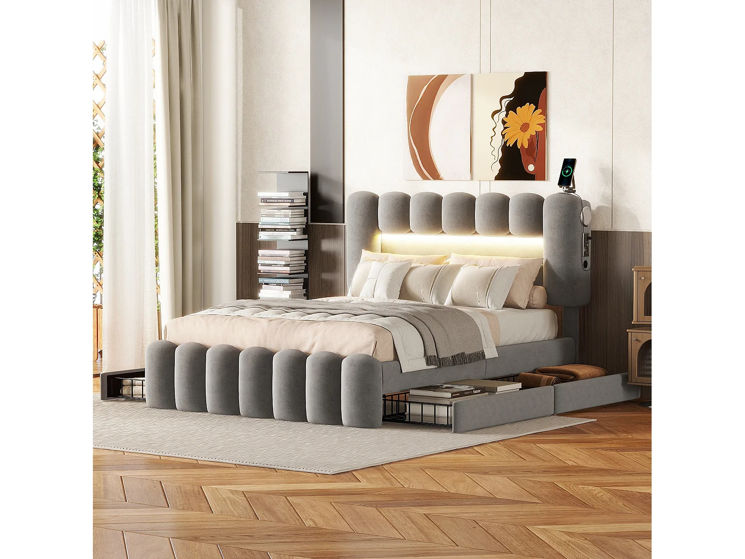 Lit avec tiroirs 140x200 cm, velours gris, Lit adulte avec bande lumineuse LED, USB et chaîne stéréo, sans matelas