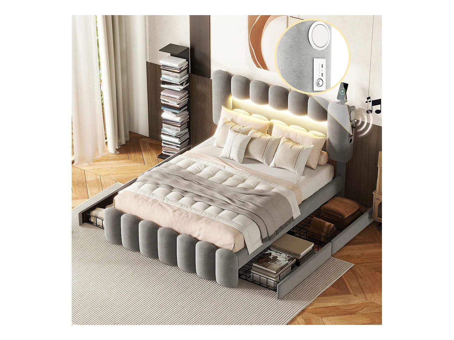 Lit avec tiroirs 140x200 cm, velours gris, Lit adulte avec bande lumineuse LED, USB et chaîne stéréo, sans matelas
