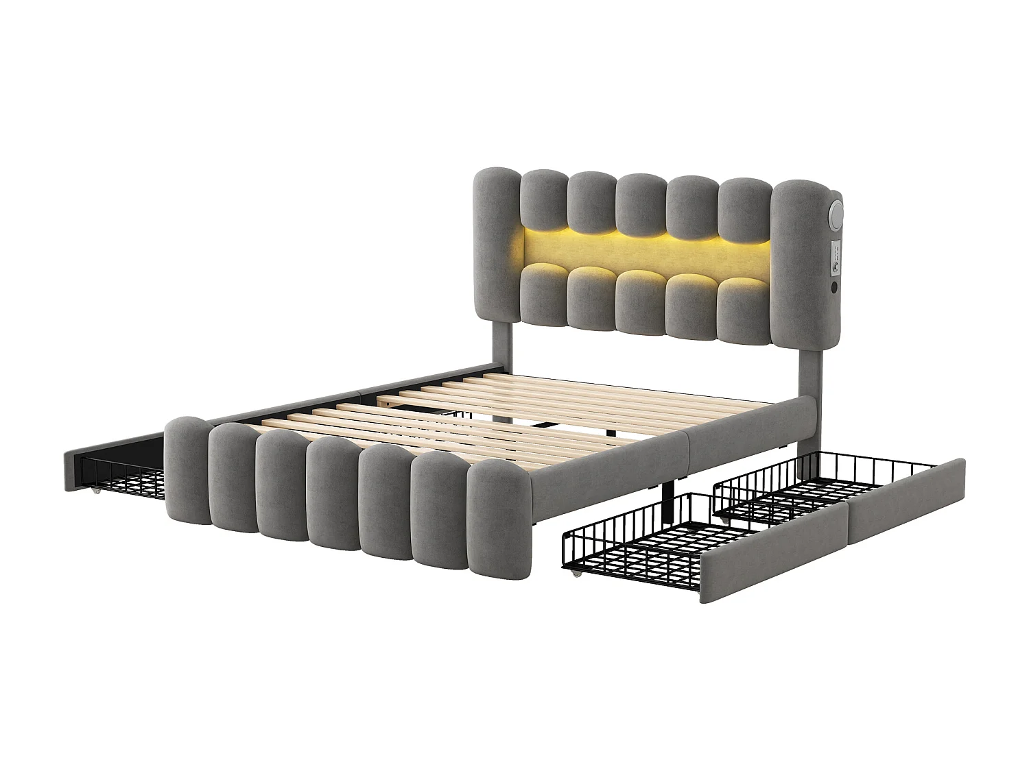 Lit avec tiroirs 140x200 cm, velours gris, Lit adulte avec bande lumineuse LED, USB et chaîne stéréo, sans matelas