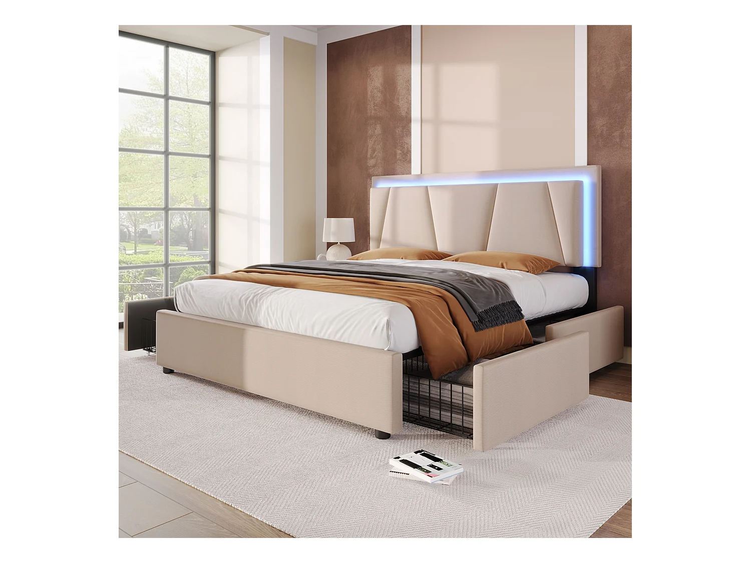 Bett 140 x 200 cm – beiges Leinen – Jugendbett mit verstellbarem Kopfteil und 4 Schubladen – LED-Beleuchtung – ohne Matratze